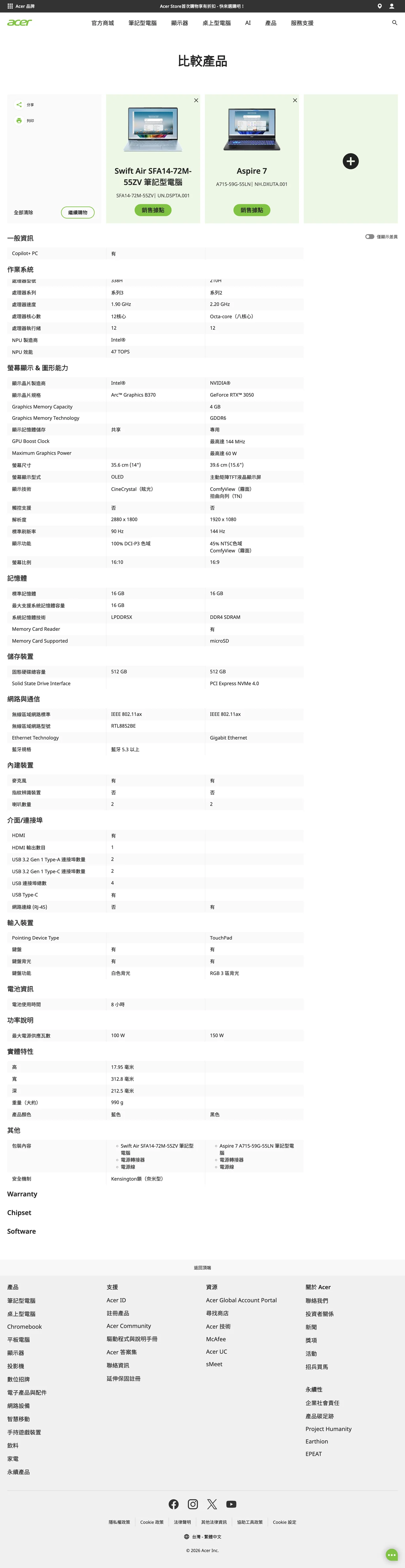 Acer 舊站比較頁標註